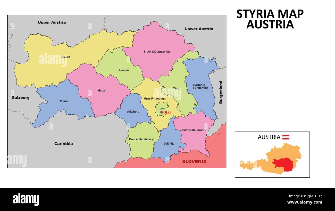 Carte de Styrie. Carte de l'état et du district de Styrie. Carte politique de la Styrie avec les pays voisins et les frontières. Illustration de Vecteur
