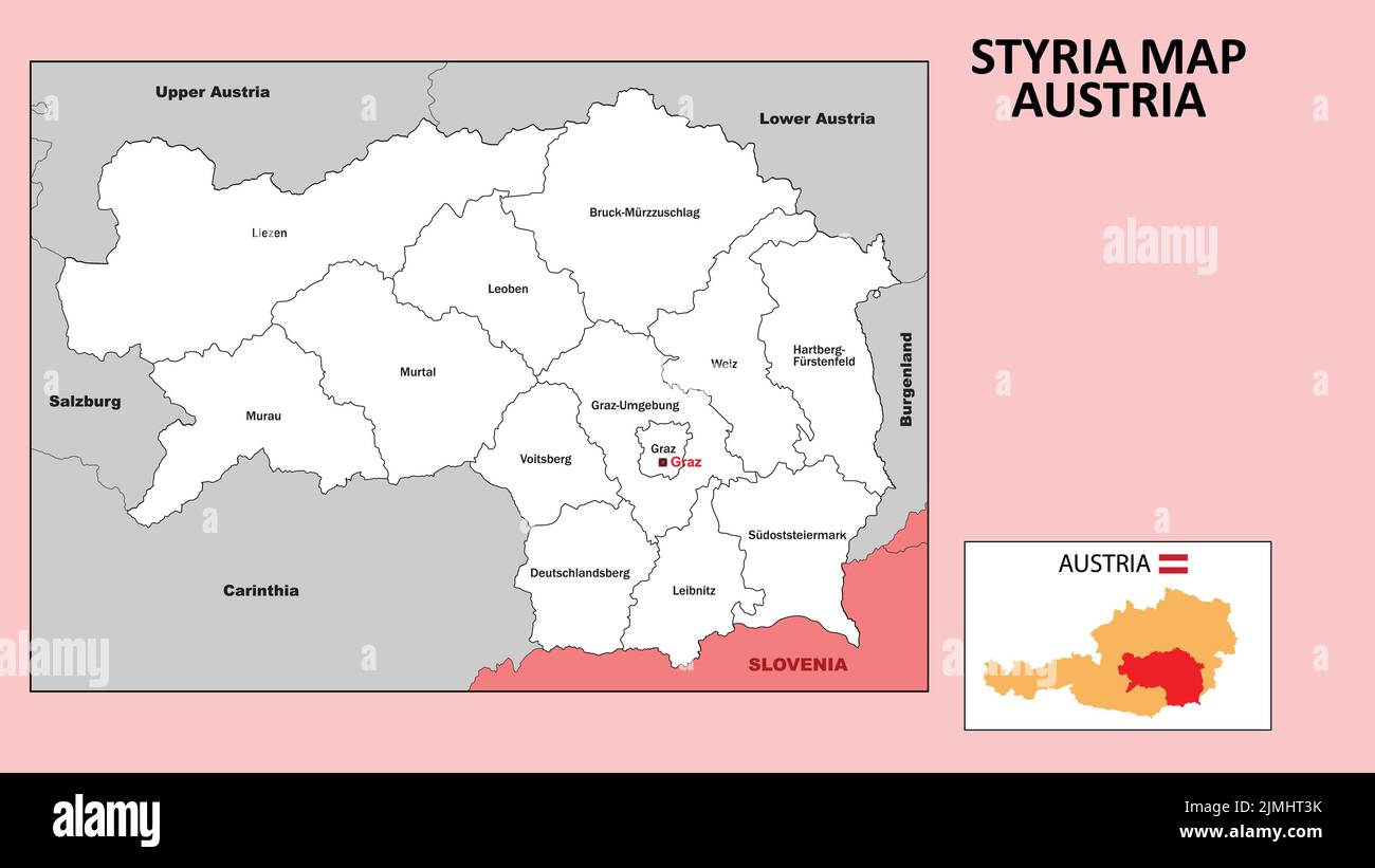 Carte de Styrie. Carte de l'état et du district de Styrie. Carte administrative de Styrie avec quartier et capitale en blanc. Illustration de Vecteur