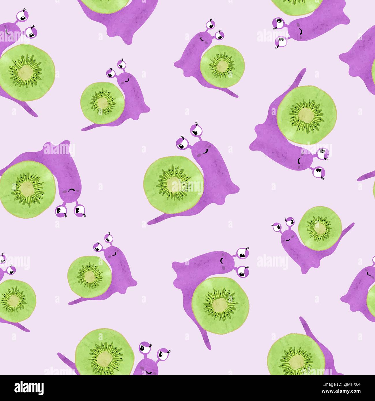 Motif vectoriel sans couture avec escargot de dessin animé à l'aquarelle et kiwi. Illustration de Vecteur