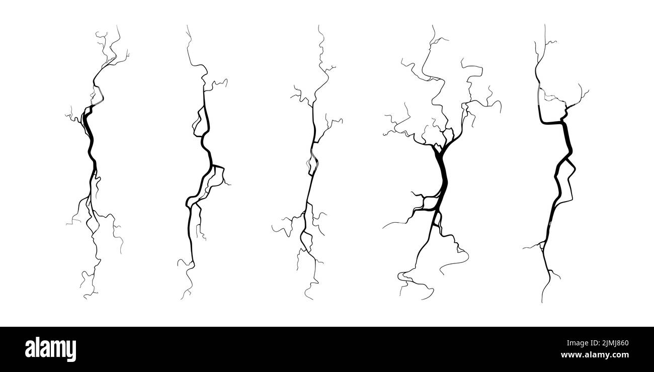 Fissure sur le béton ou le sol due au vieillissement ou à la sécheresse. Ensemble de fissures isolées sur fond blanc. Illustration vectorielle monochrome Illustration de Vecteur