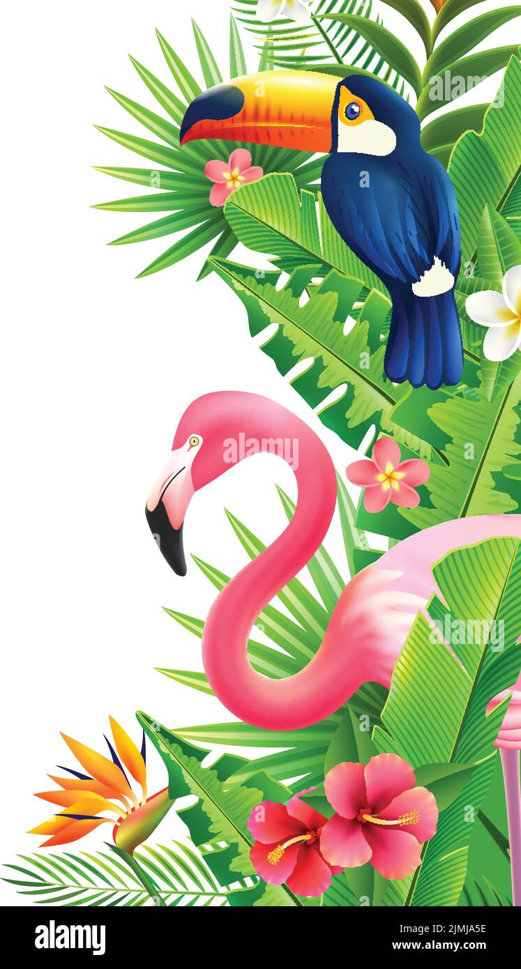 Bordure verticale opulente du feuillage de la forêt tropicale avec toucan rose flamant et illustration vectorielle colorée de fleur d'oiseau de paradis Illustration de Vecteur