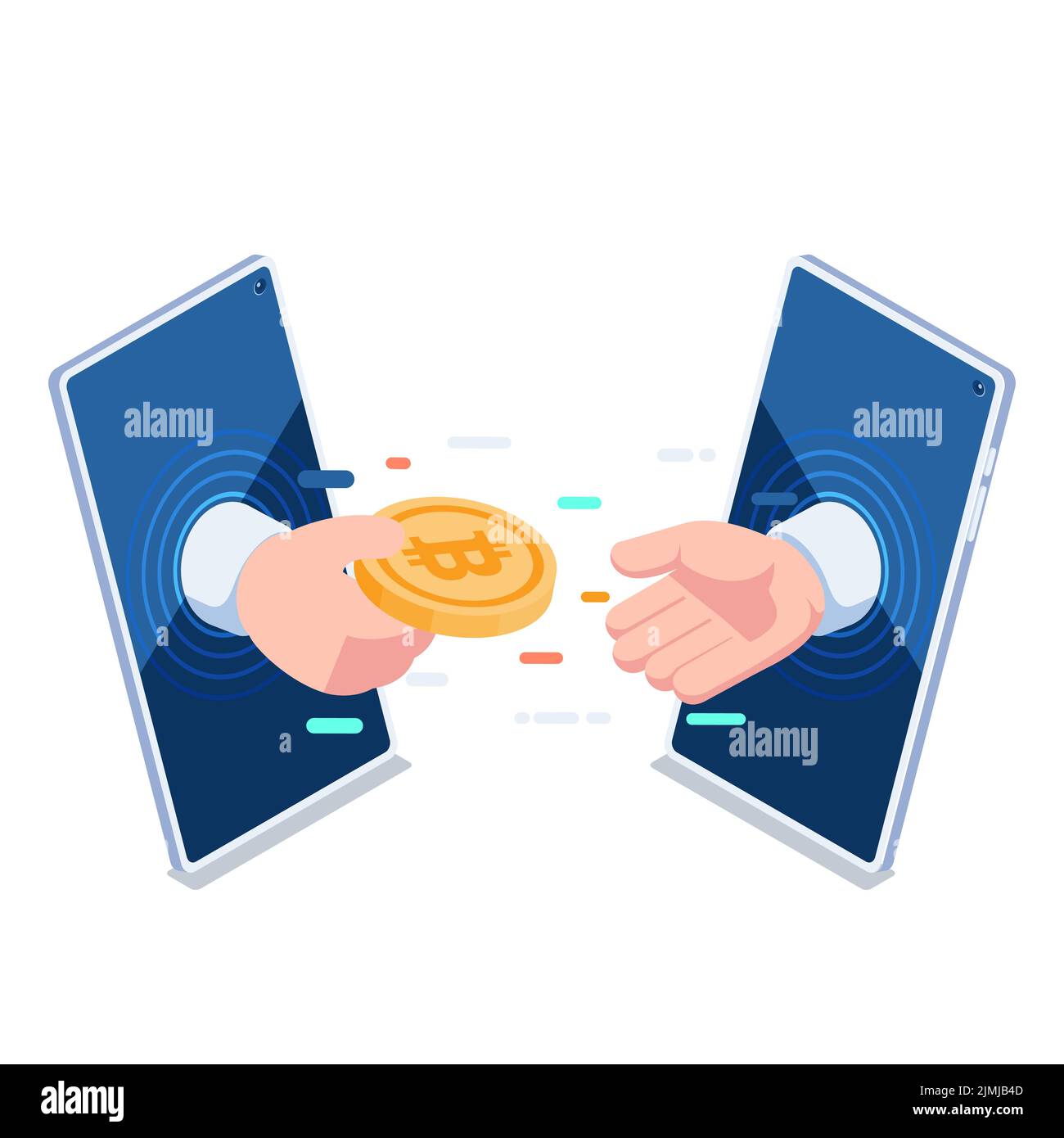 Plat 3D Isométrique homme d'affaires de la main donnant Bitcoin à d'autres par smartphone. Concept de transfert et de paiement Bitcoin. Illustration de Vecteur