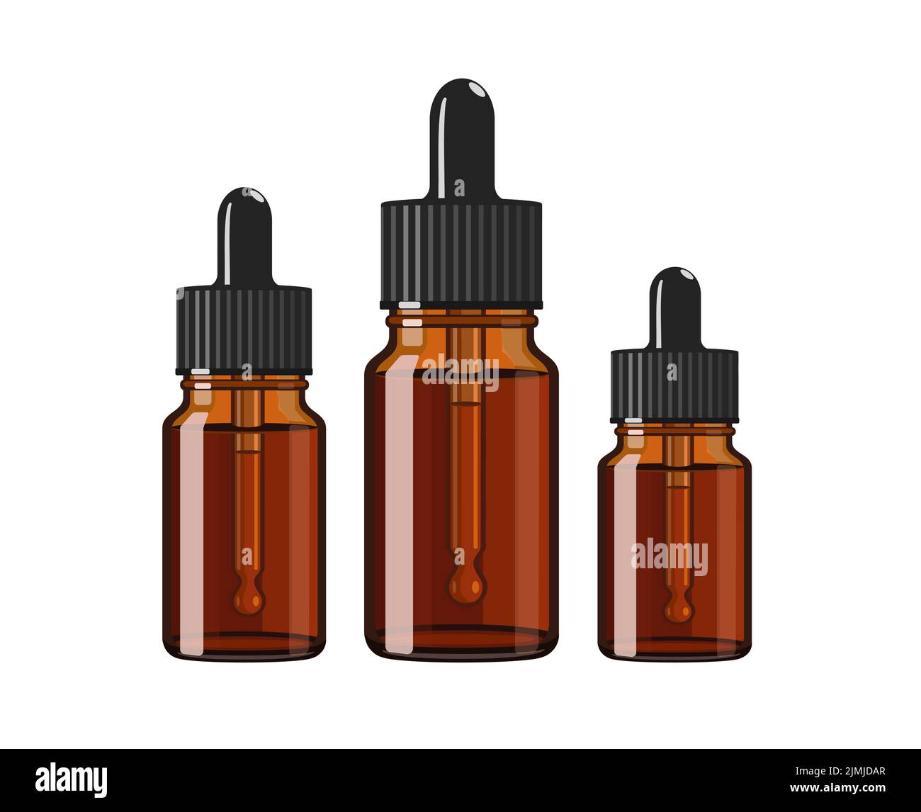 Trois bouteilles d'huile essentielle avec pipette, en verre brun, illustration vectorielle sur fond blanc Illustration de Vecteur