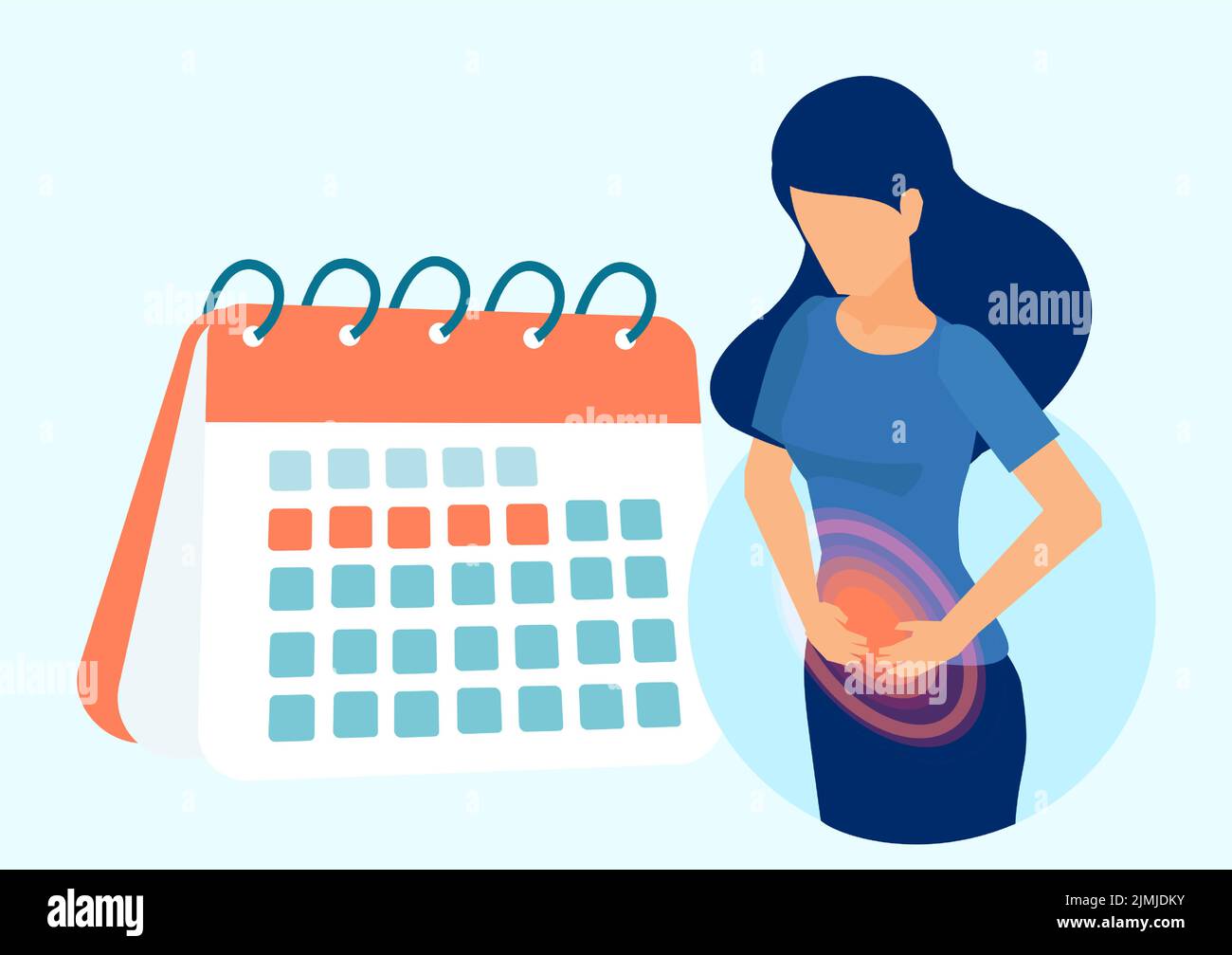 Vecteur d'une jeune femme souffrant de douleurs au bas de l'abdomen et souffrant du syndrome prémenstruel, PMS Illustration de Vecteur