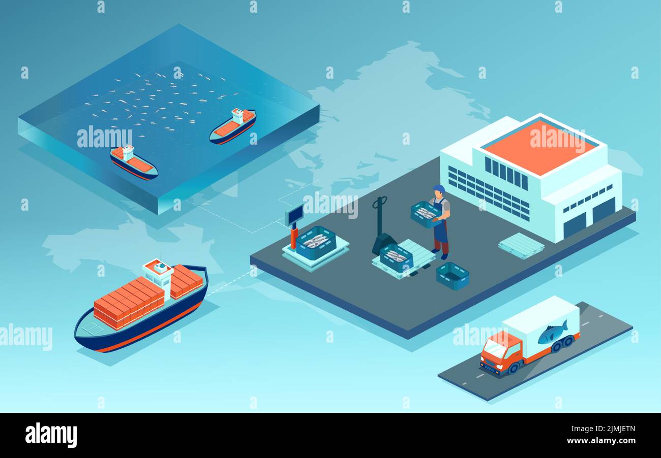 Vecteur isométrique d'une industrie du poisson, de la production et de la distribution des produits de la mer Illustration de Vecteur