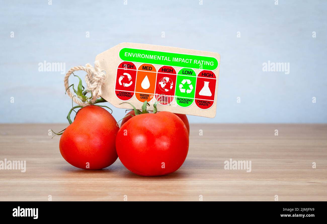 Évaluation de la durabilité des tomates pour l'empreinte carbone, l'utilisation de l'eau, l'utilisation des sols, les déchets d'emballage et l'étiquetage des déchets chimiques. Échelle du produit sur l'indice de notation. Banque D'Images