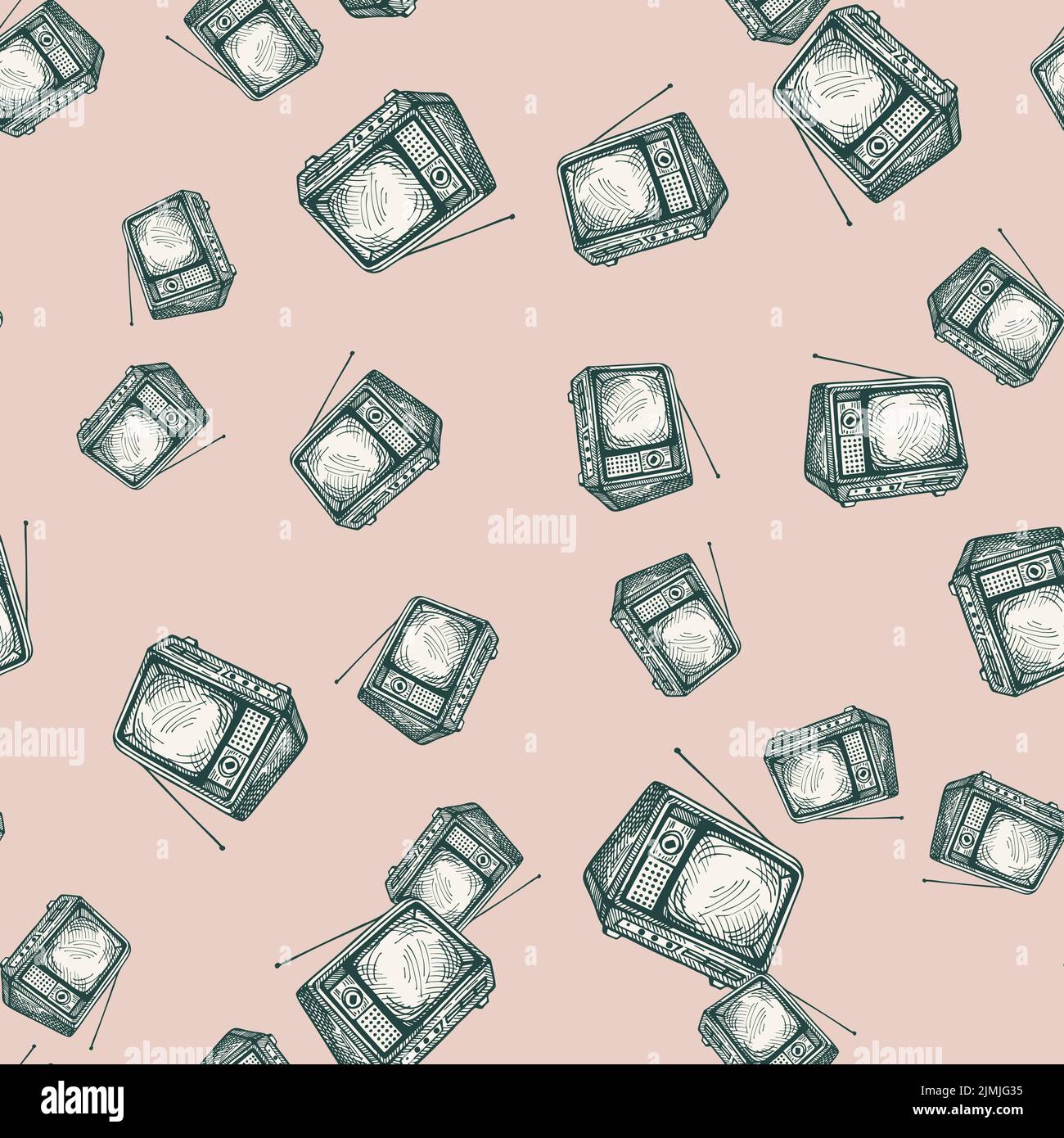 Motif rétro gravé sans couture. Téléviseur d'époque avec antenne dessinée à la main. Texture d'esquisse pour tissu, papier peint, textile, imprimé, titre, Illustration de Vecteur