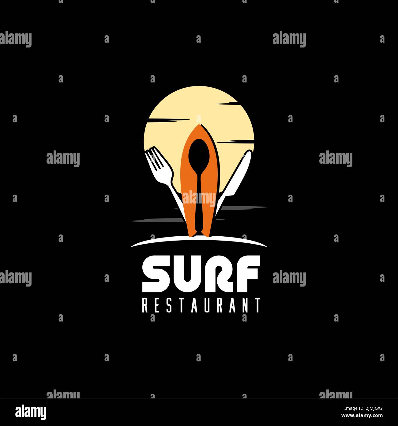 Logo Sun, coutellerie et planche de surf pour le restaurant de la plage Illustration de Vecteur