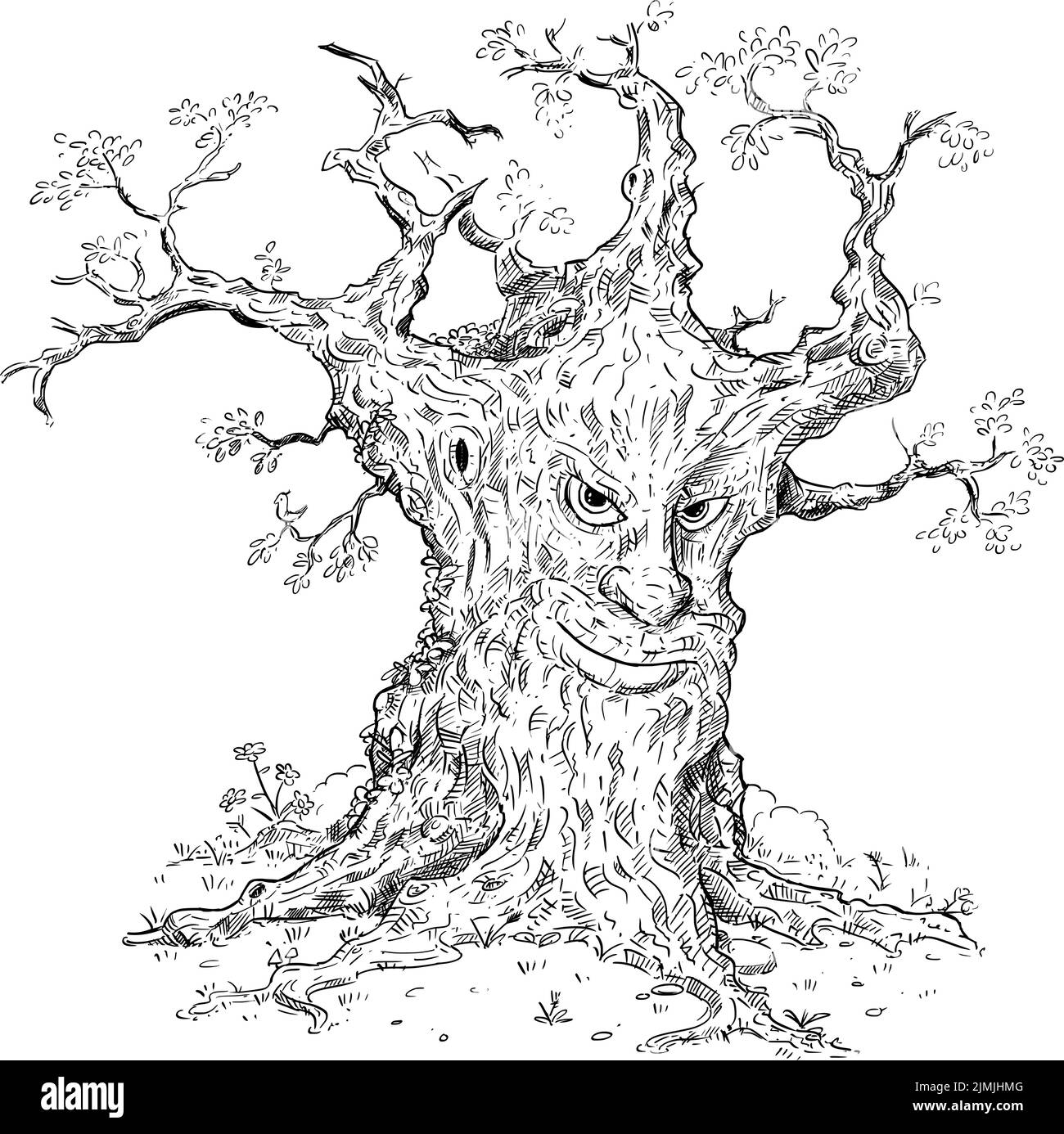 Illustration de la figure Wise Old Fantasy Tree de Magic Forest, Vector Cartoon Stick Illustration de Vecteur