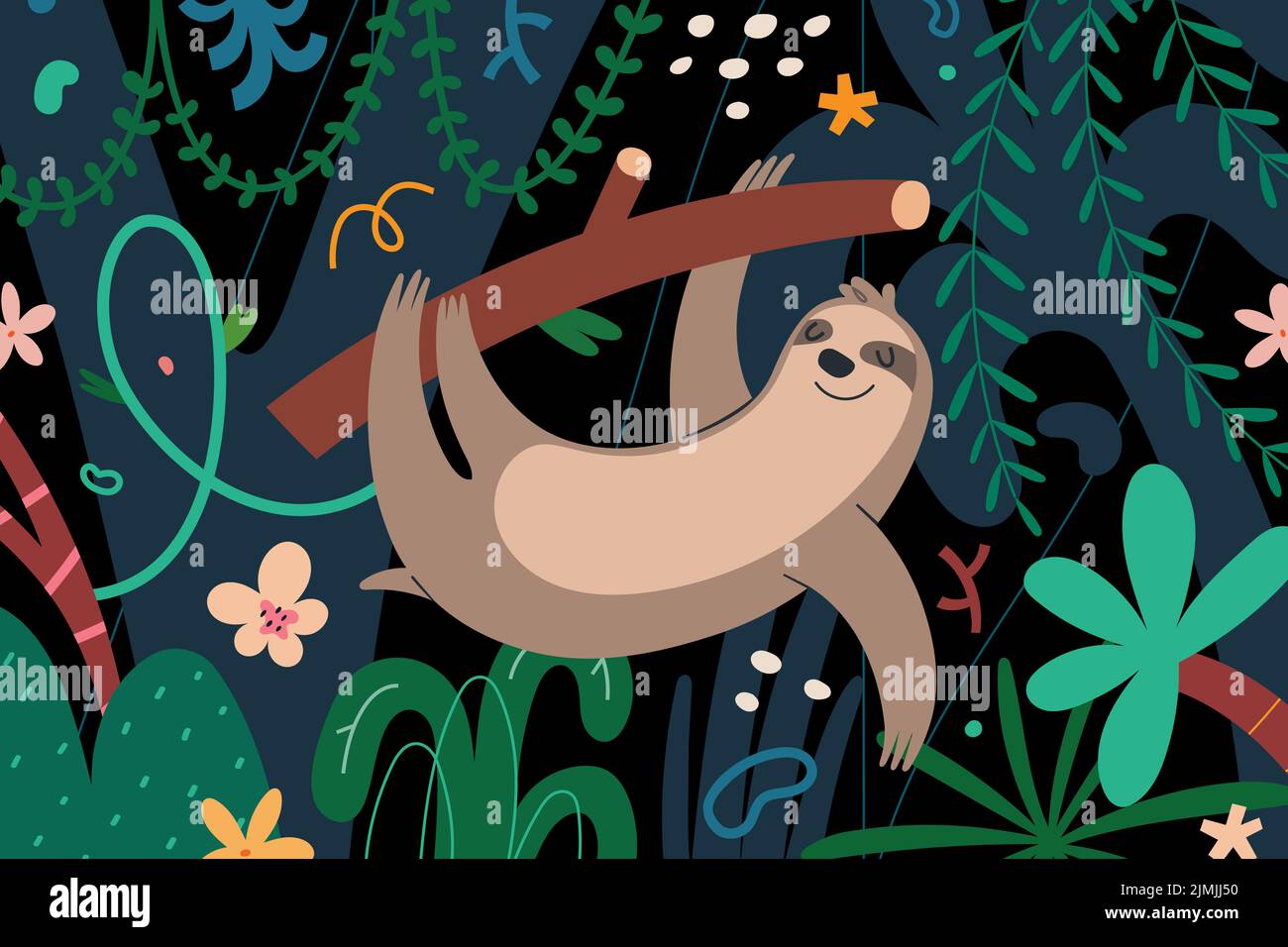 Adorable sloth accroché à une branche d'arbre dans une forêt tropicale verte avec des palmiers, adorable animal de la jungle, mammifère tropique paresseux, illustration vectorielle dessinée à la main Illustration de Vecteur