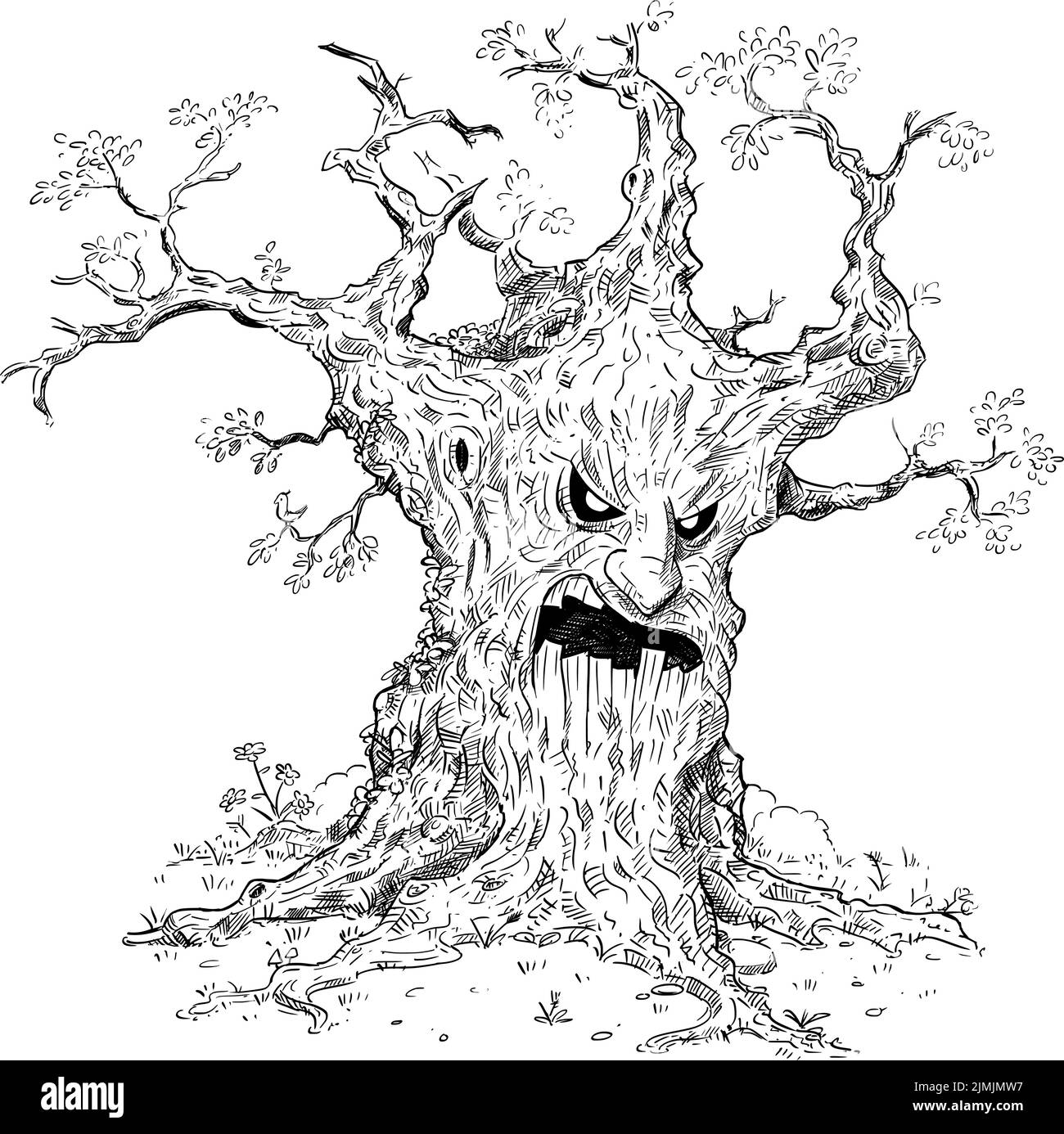 Vieux arbre de fantaisie de mal, mauvaise créature de forêt magique, figure de bâton de dessin animé vectoriel ou illustration de personnage. Illustration de Vecteur