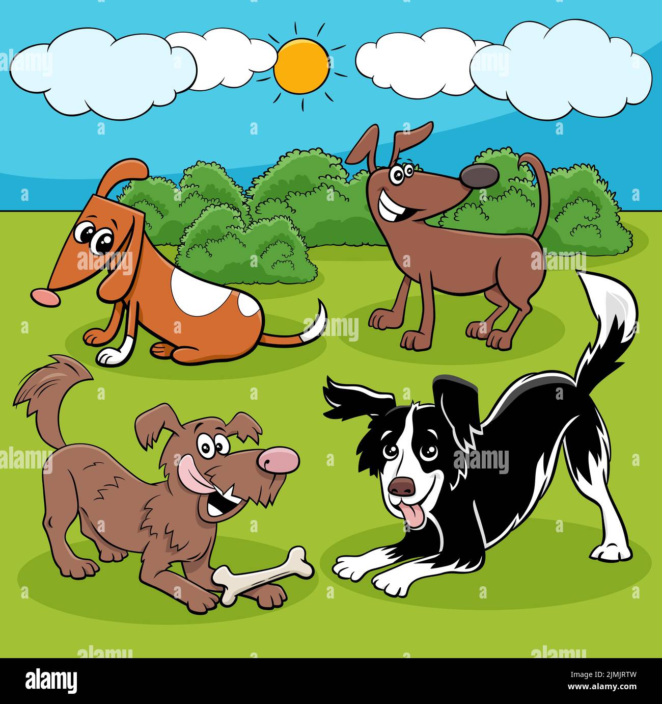 Groupe de personnages de chiens et de chiots amusants de dessins animés Banque D'Images