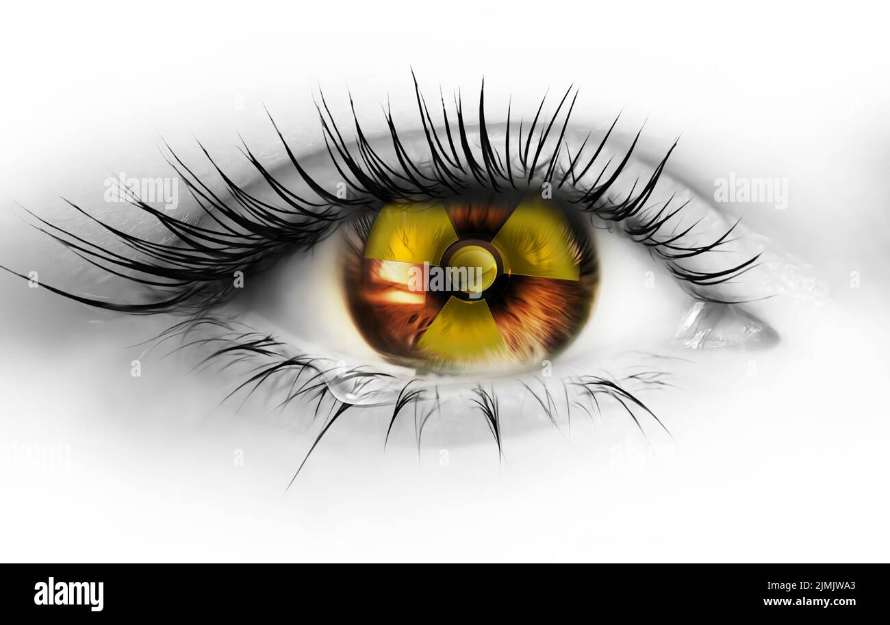 Signe de rayonnement jaune dans l'œil humain rouge vif Banque D'Images