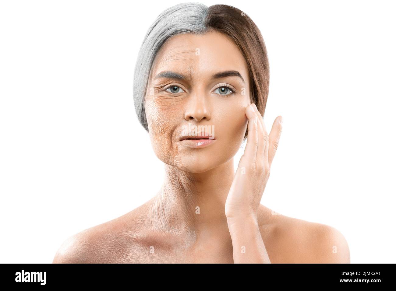 Concept de vieillissement. Comparaison du visage jeune et ancien. Banque D'Images