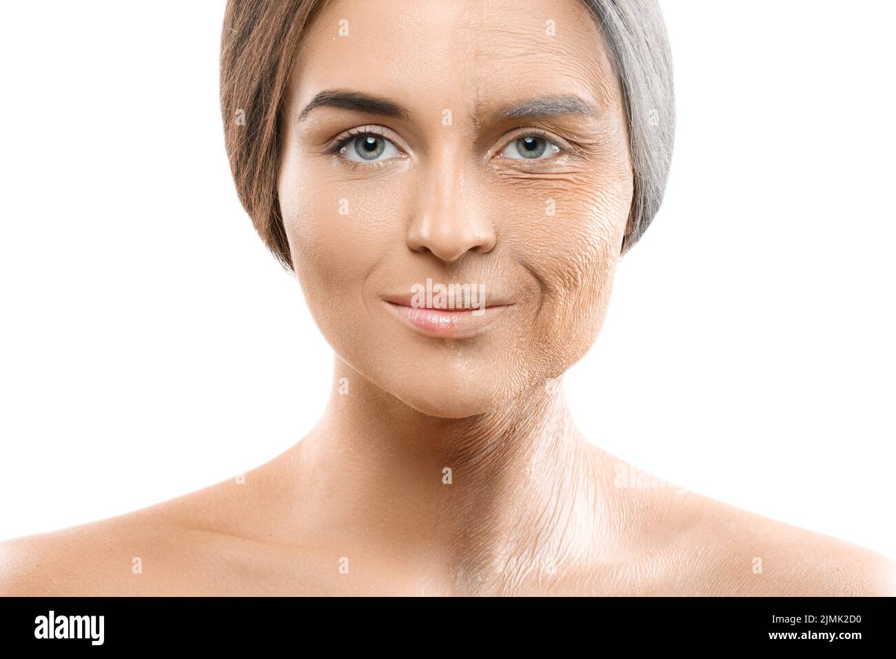 Concept de vieillissement. Comparaison du visage jeune et ancien. Banque D'Images