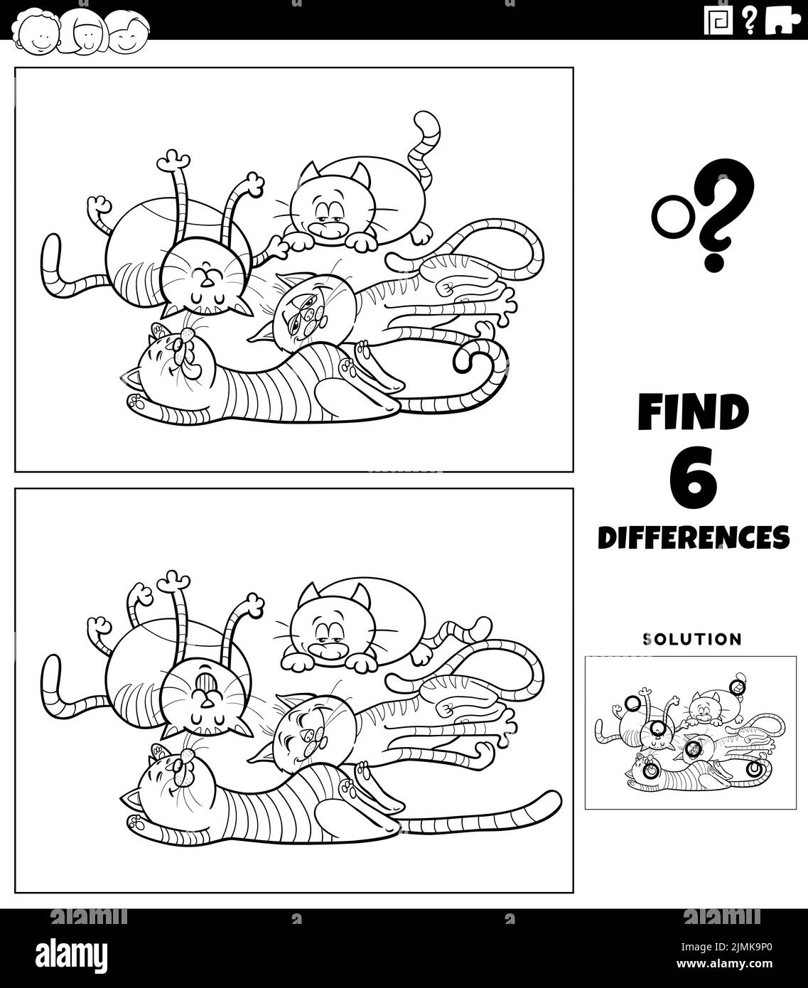 Jeux de différences avec la page de livre de coloriage de chats de sommeil de dessin animé Banque D'Images