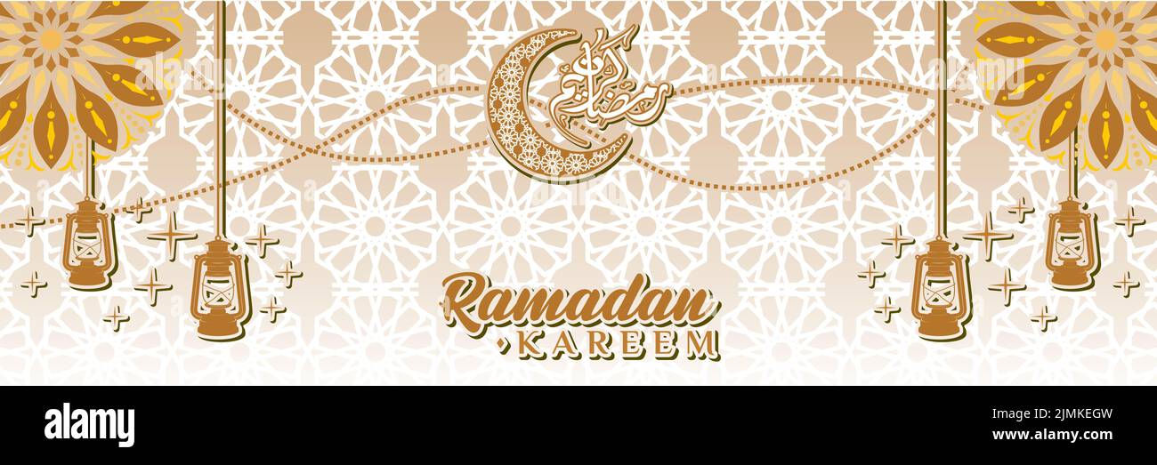 Modèle de bannière de Ramadan avec Calligraphie arabe Traduction de Kareem de Ramadan (Happy Ramadan) avec ornements de lune de croissant et motifs islamiques Illustration de Vecteur