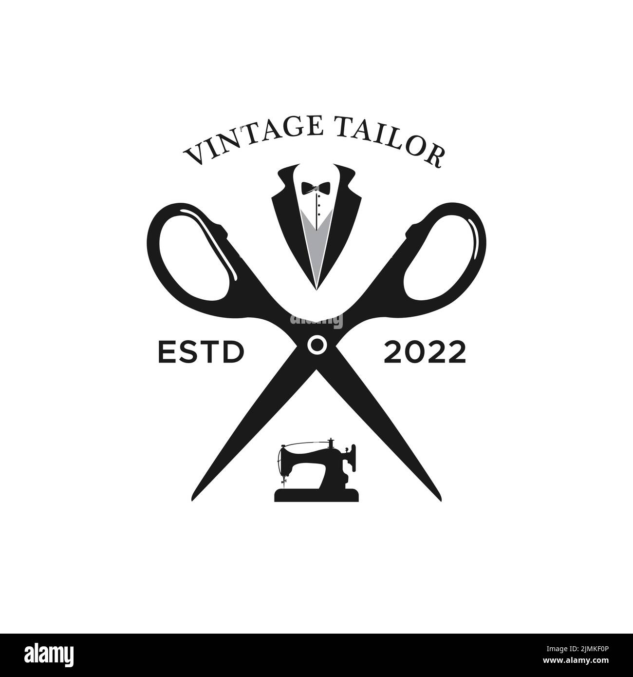 Logo style vintage avec machine à coudre, costume et ciseaux Illustration de Vecteur