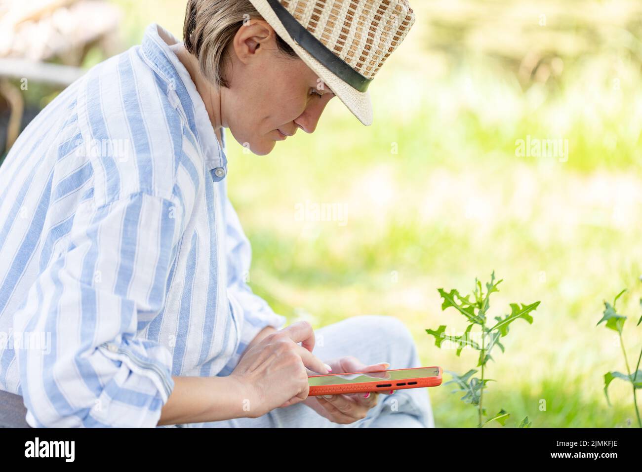 femme portant un chapeau assis dans le parc sur l'herbe verte avec un smartphone. travail à distance Banque D'Images