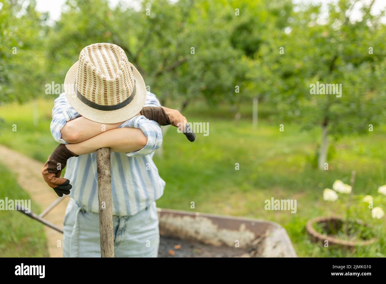 paysan femme se reposant de dur labeur par la brouette pleine de fumier animal sur les terres agricoles ou le jardin Banque D'Images