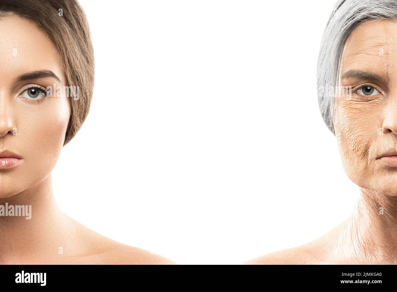 Concept de vieillissement. Comparaison du visage jeune et ancien. Banque D'Images