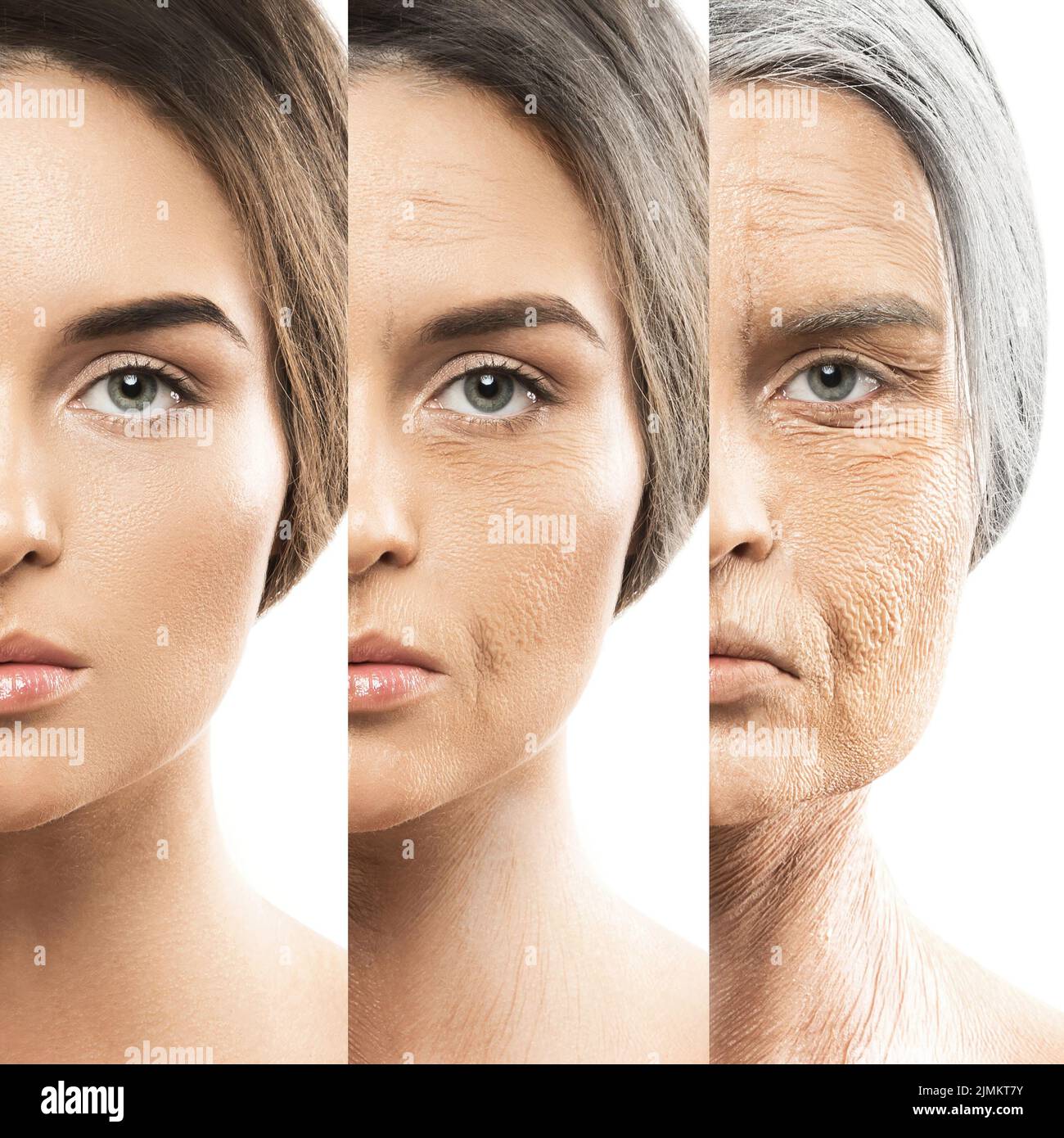 Concept de vieillissement. Comparaison du visage jeune et ancien. Banque D'Images