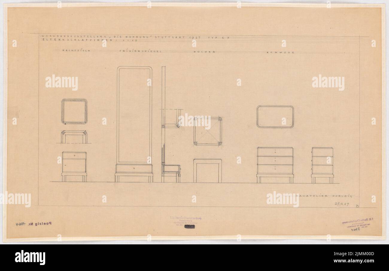 Poelzig Hans (1869-1936), exposition Werkbund Stuttgart-Weißenhof. Single -maison familiale type C 7 (27.04.1927): Chambre des parents, table de chevet, miroir de coiffure, tabouret, commode 1:10. Crayon sur transparent, 41,1 x 65,5 cm (y compris les bords de numérisation) Banque D'Images