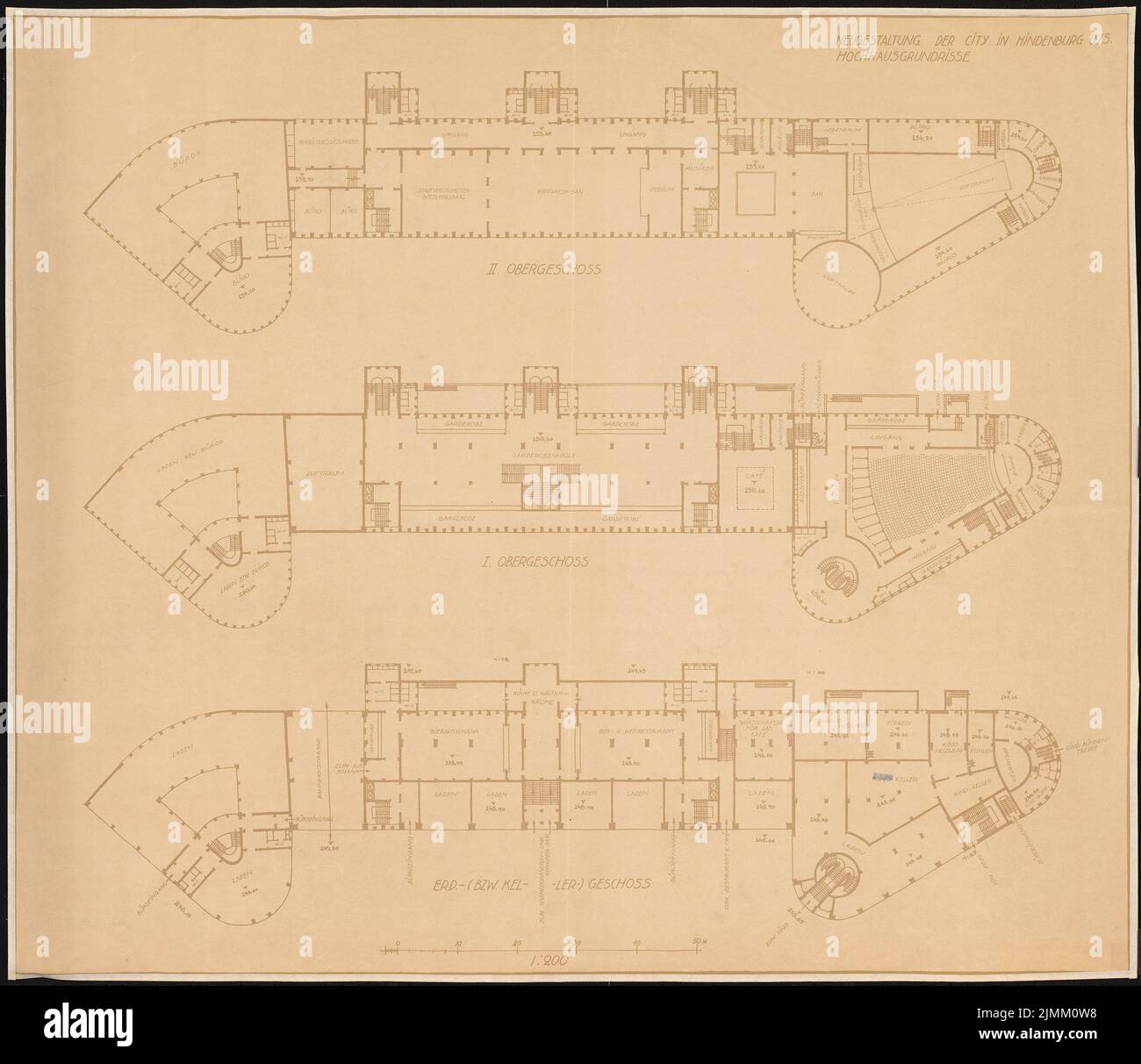 Poelzig Hans (1869-1936), City New design Hindenburg (1925-1930): Hochhaus, Grundrisse KG, EG, 1st étage, 2nd étage 1: 200. Cassure légère sur le papier, 81,7 x 94,6 cm (y compris les bords de numérisation) Banque D'Images