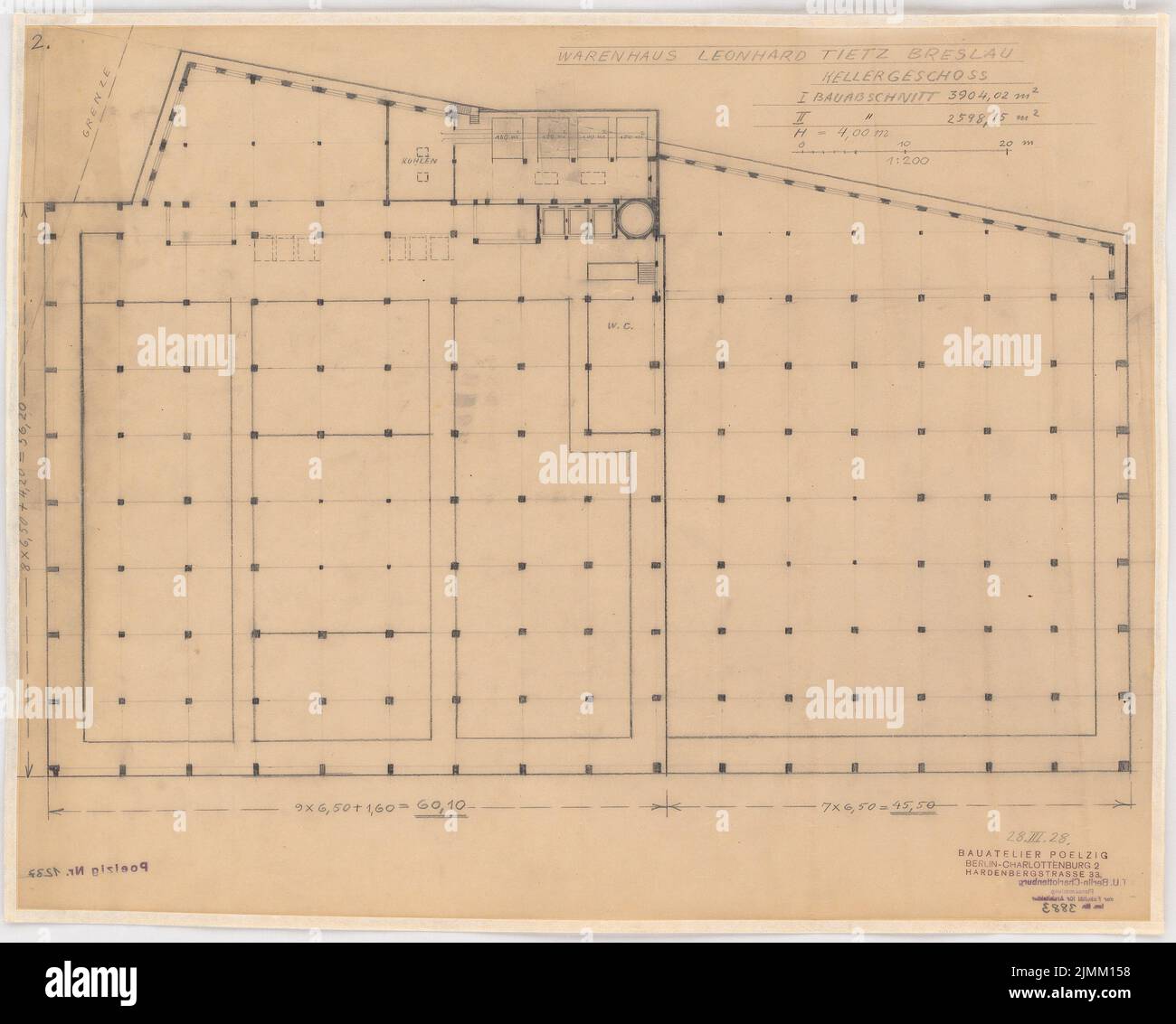 Poelzig Hans (1869-1936), département de Tietzen à Breslau (28 mars 1928) : 1. Conception, phase de construction 1st et 2nd, plan de sol KG 1: 200. Crayon sur transparent, 45,9 x 57,2 cm (y compris les bords de numérisation) Banque D'Images