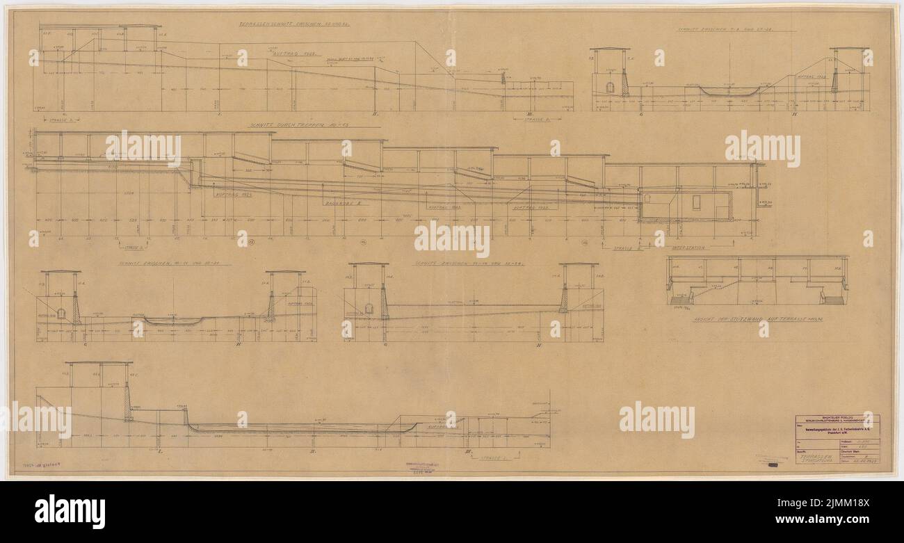 Poelzig Hans (1869-1936), I.G.-Farben, Francfort-sur-le-main. Bâtiment administratif: Terrasses: Vues, coupes 1: 100. Crayon sur transparent, 76,50 x 145,00 cm (bord de numérisation inclus). Banque D'Images