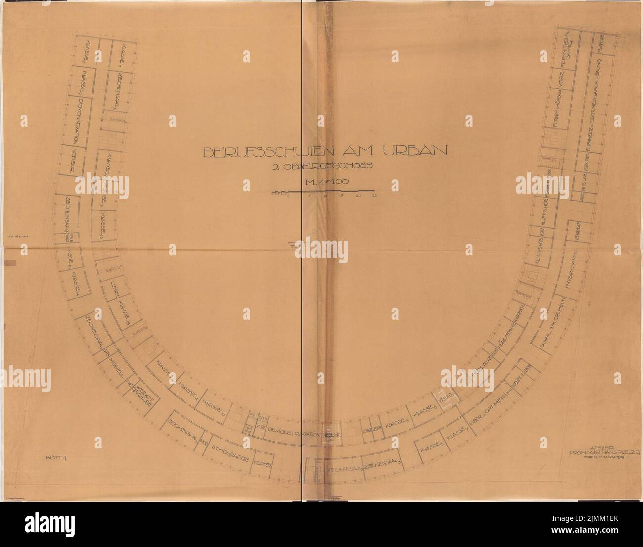 Poelzig Hans (1869-1936), Ecole professionnelle urbaine, Berlin-Kreuzberg (03,1929): Plan d'étage 2nd OG 1: 100. Coupure lumineuse sur transparent, 151,3 x 193,7 cm (y compris les bords de numérisation) Banque D'Images