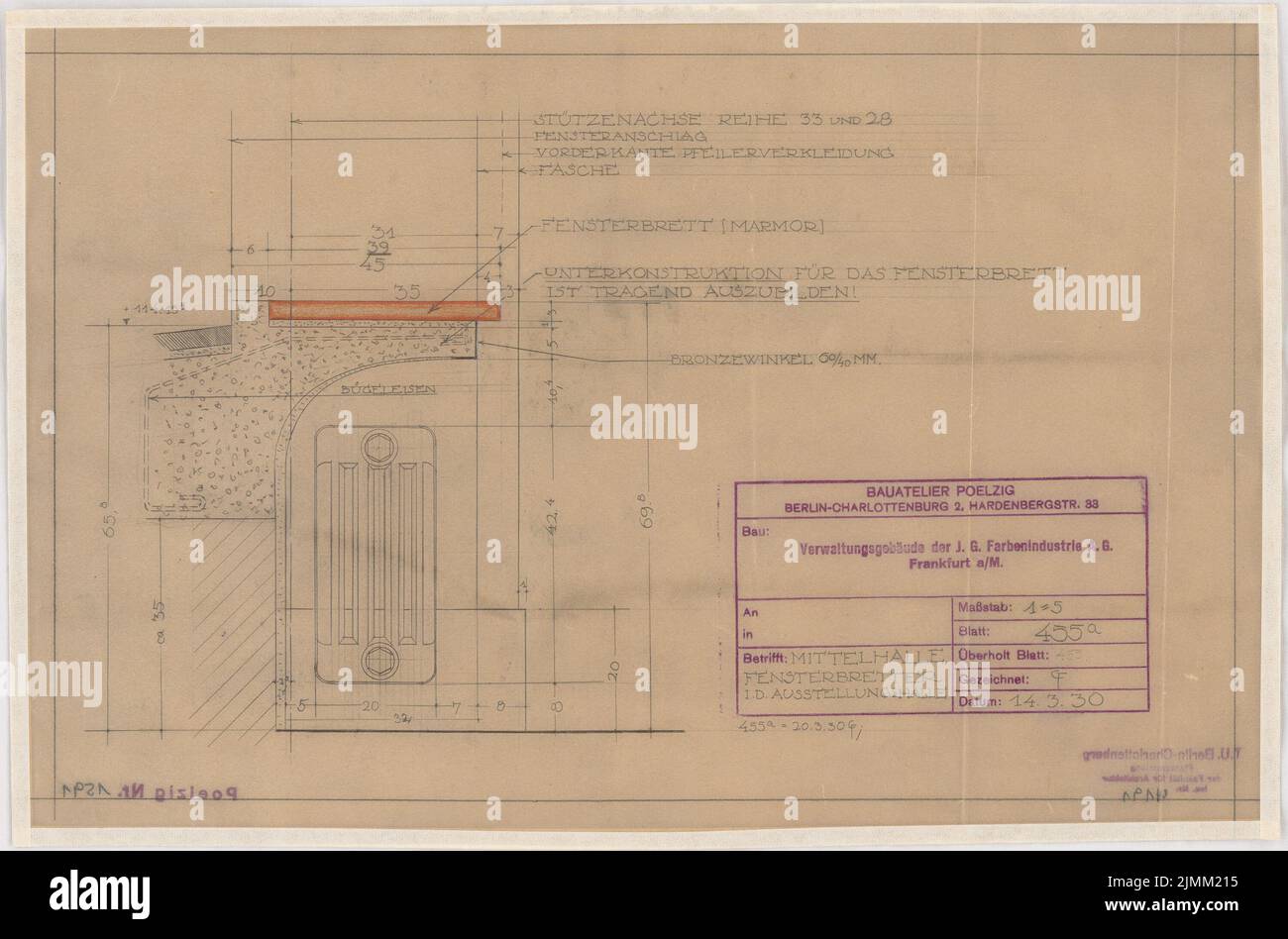 Poelzig Hans (1869-1936), I.G.-Colors à Francfort-sur-le-main. Bâtiment administratif (14 mars 1930): Salle centrale: Panneaux de fenêtres dans la salle d'exposition, moyenne 1: 5. Crayon sur transparent, 28,3 x 42,8 cm (y compris les bords de numérisation) Banque D'Images