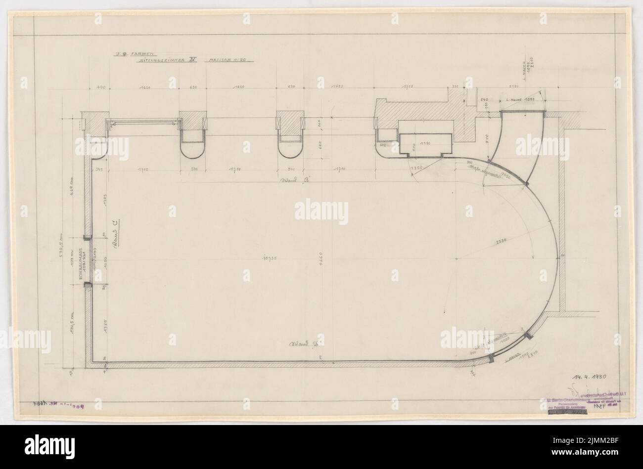 Poelzig Hans (1869-1936), I.G.-Colors à Francfort-sur-le-main. Bâtiment de l'administration (14 avril 1930): Salle de session IV dans le cadre transversal Q4: Plan d'étage 1:20. Crayon sur transparent, 48,9 x 74 cm (y compris les bords de numérisation) Banque D'Images