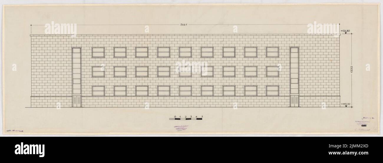 Poelzig Hans (1869-1936), I.G.-Colors à Francfort-sur-le-main. Bâtiment de l'administration (1928-1931): Laboratoire: South View 1:50. Encre sur transparent, 49,8 x 140,1 cm (y compris les bords de numérisation) Banque D'Images