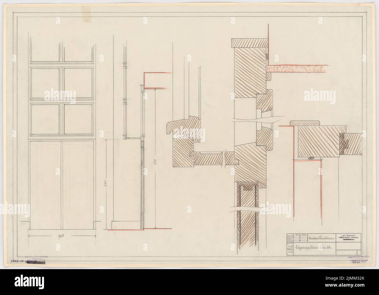 Poelzig Hans (1869-1936), Maison de la radio, Berlin (1928-1930): Projet d'exécution, entrée Masurenallee, porte 56, coupe 1:10, détail 1: 1. Crayon et crayon de couleur sur transparent, 64 x 89,9 cm (y compris les bords de numérisation) Banque D'Images