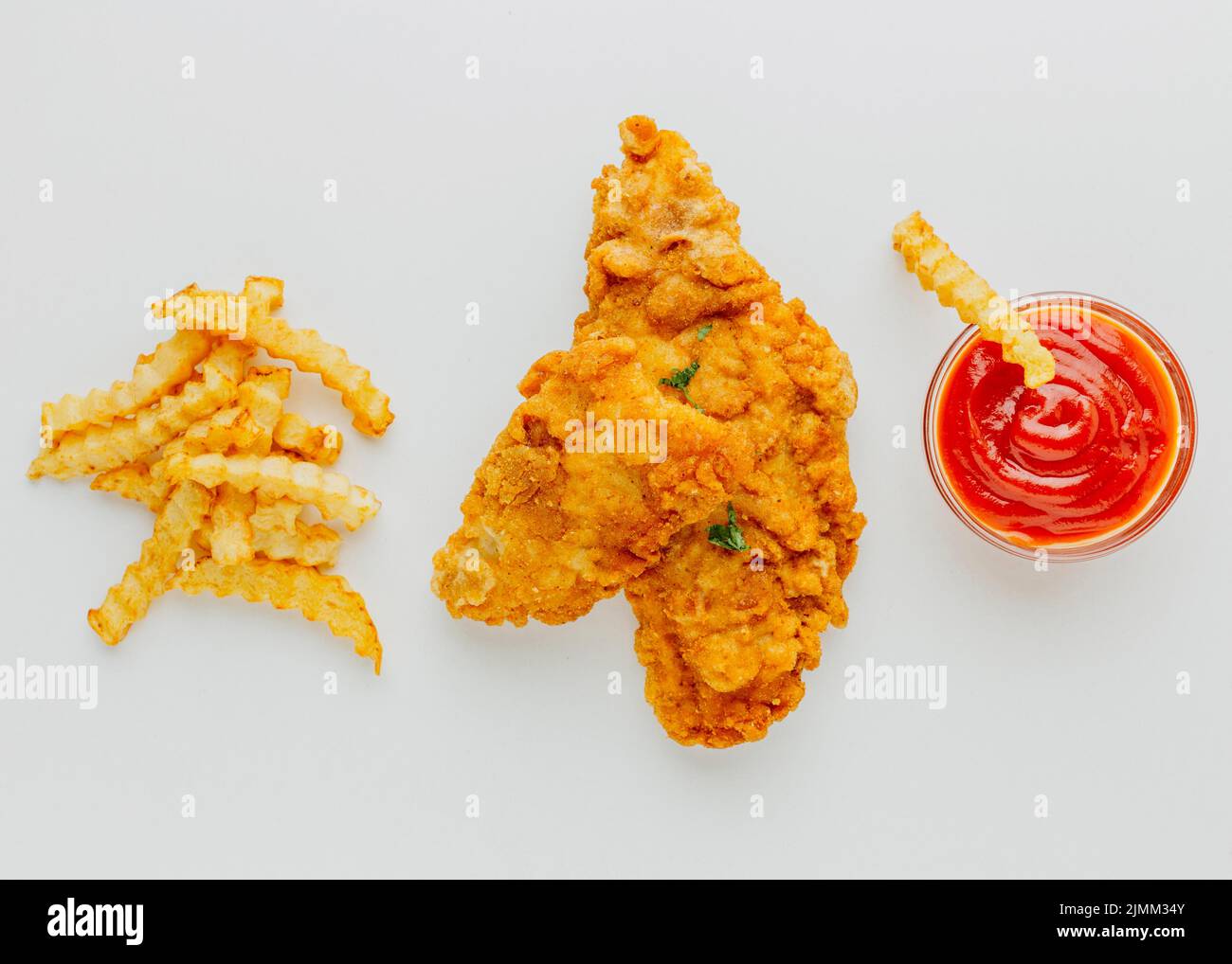 Vue de dessus Fish piece chips avec ketchup Banque D'Images