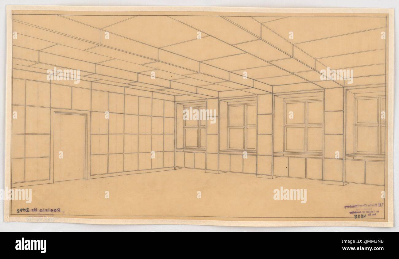 Poelzig Hans (1869-1936), Maison de la radio, Berlin (1928-1930): Projet d'exécution, Secrétaire d'Etat Zimmer, vue de l'intérieur de perspective. Crayon sur transparent, 31 x 53,4 cm (y compris les bords de numérisation) Banque D'Images