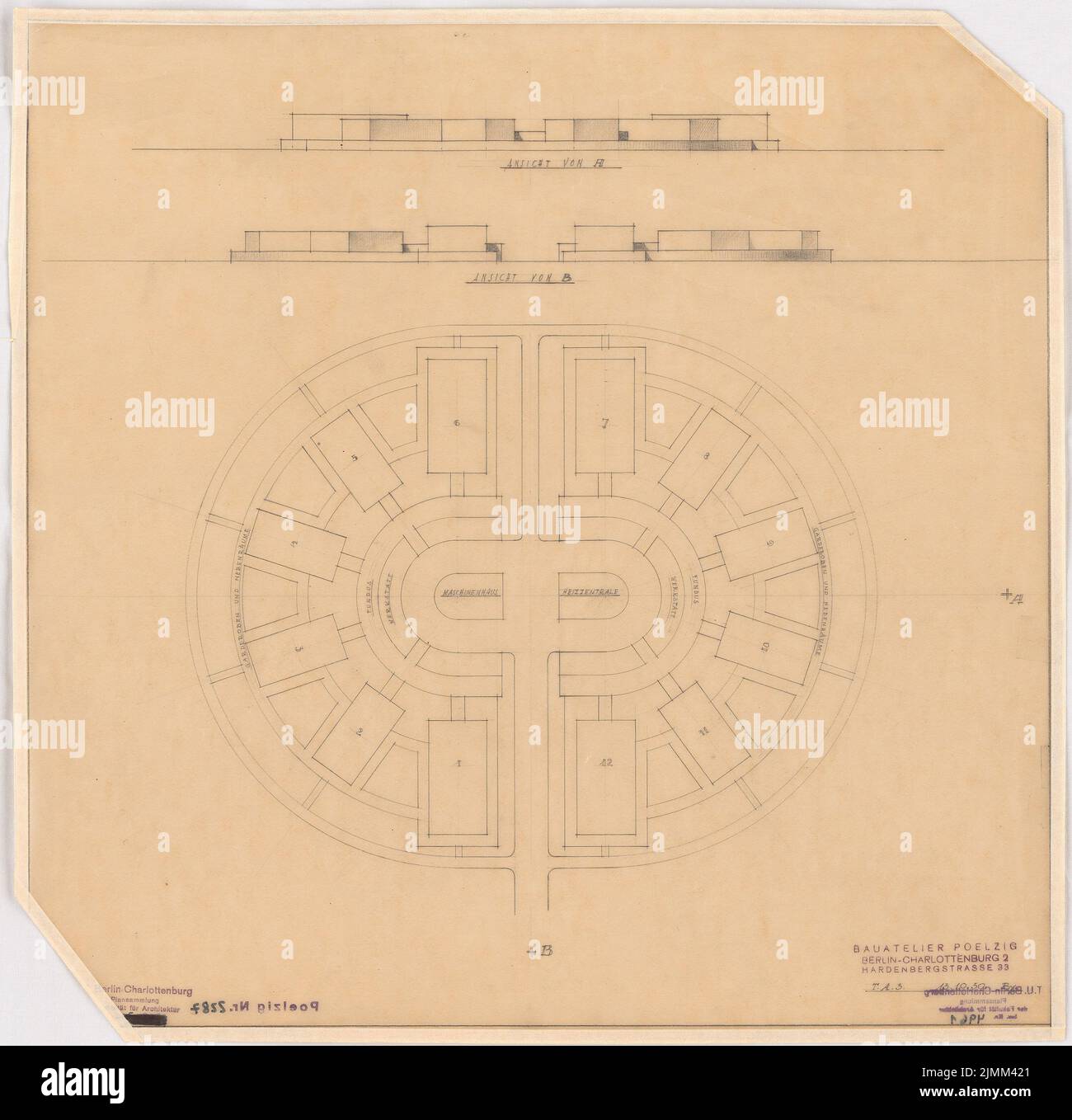 Poelzig Hans (1869-1936), studio de son, Berlin-Gatow (13 octobre 1930): Plan d'étage ovale, 2 vues. Crayon sur transparent, 46,6 x 47,8 cm (y compris les bords de numérisation) Banque D'Images