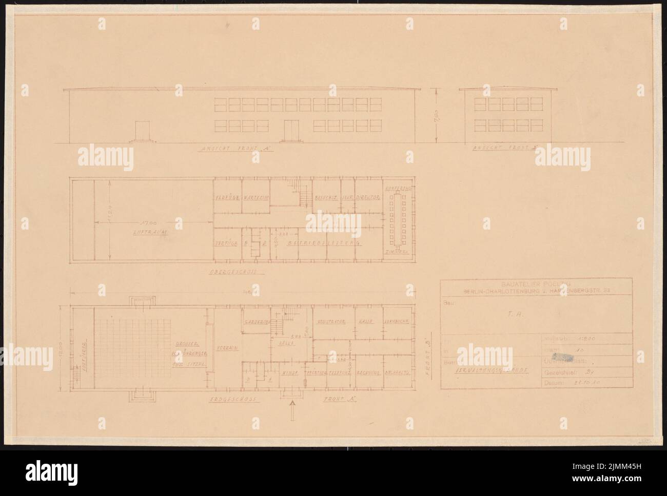 Poelzig Hans (1869-1936), Tonfilmatelier, Berlin-Gatow (28.10.1930): Bâtiment administratif: Grundrisse EG, OG, 2 vues 1: 200 (par Inv.No 4983). Cassure légère sur le papier, 32 x 47,3 cm (y compris les bords de numérisation) Banque D'Images