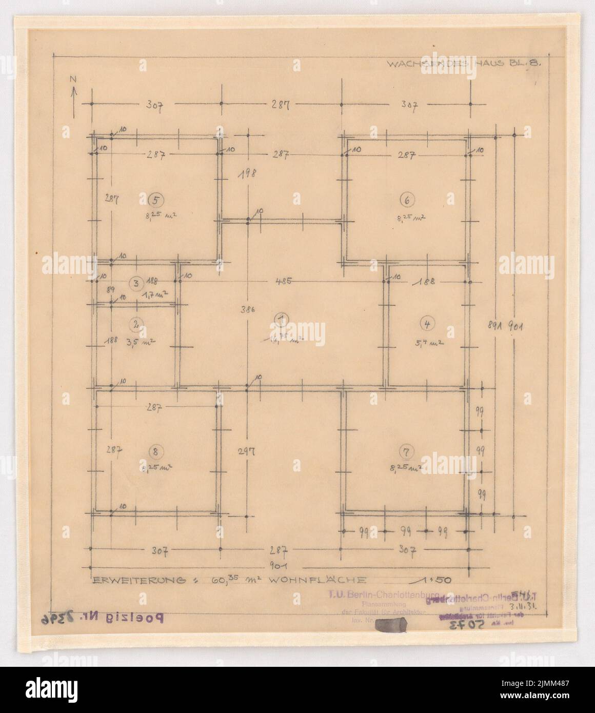 Poelzig Hans (1869-1936), la maison en pleine croissance (03.11.1931): construction en bois, agrandissement du plan d'étage 1:50. Crayon sur transparent, 31,6 x 28,2 cm (y compris les bords de numérisation) Banque D'Images