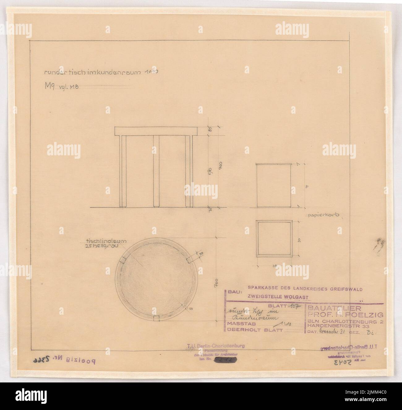 Poelzig Hans (1869-1936), Kreissparkasse Wolgast (11,1931): Projet d'exécution, table ronde dans la salle des clients, déchets, vue, supervision 1:10. Crayon sur transparent, 35,4 x 37,2 cm (y compris les bords de numérisation) Banque D'Images