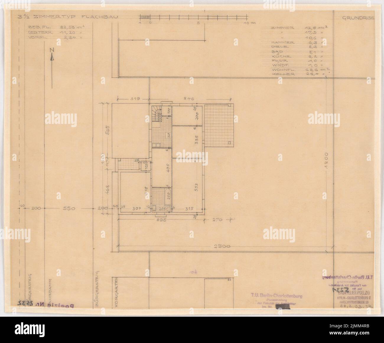 Poelzig Hans (1869-1936), projet de règlement (28 février 1932): bâtiment plat, 3,5 chambres, plan d'étage 1: 100. Crayon sur transparent, 32,8 x 39,8 cm (y compris les bords de numérisation) Banque D'Images