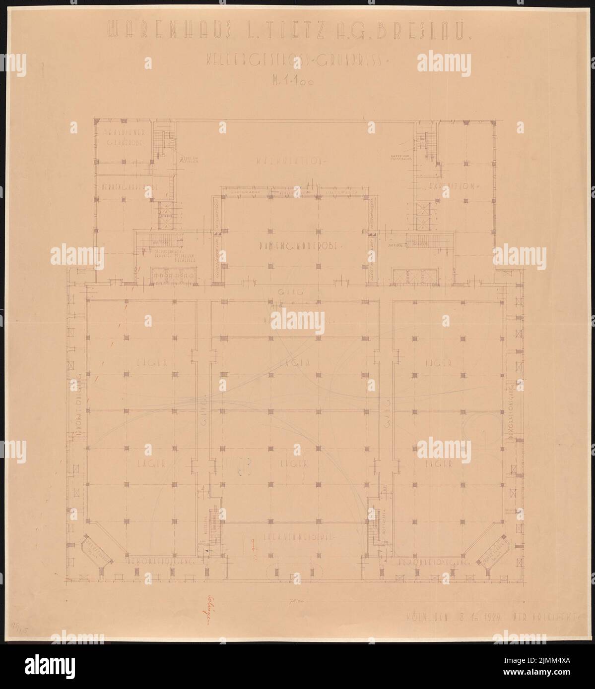 Falck, Georg, grand magasin Tietz à Breslau (08.10.1929): Plan d'étage KG 1: 100. Crayon et crayon de couleur sur une cassure du papier, 102 x 94,1 cm (y compris les bords de numérisation) Banque D'Images