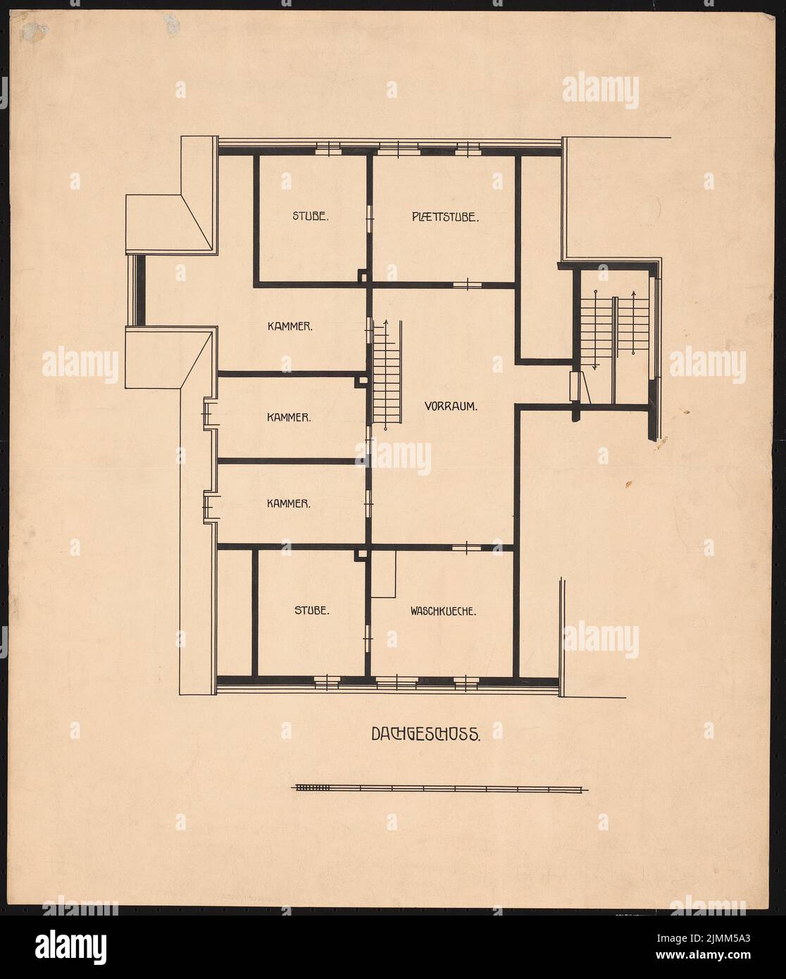 Poelzig Hans (1869-1936), exposition artistique et commerciale 1904 à Wroclaw. Maison individuelle familiale (1904): Plan d'étage dernier étage 1:50. Encre sur carton, 58 x 49,8 cm (y compris les bords de numérisation) Banque D'Images