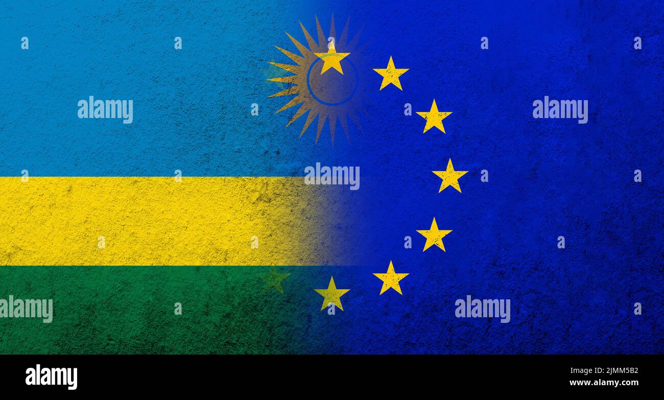 Drapeau de l'Union européenne avec le Rwanda drapeau national. Grunge l'arrière-plan Banque D'Images
