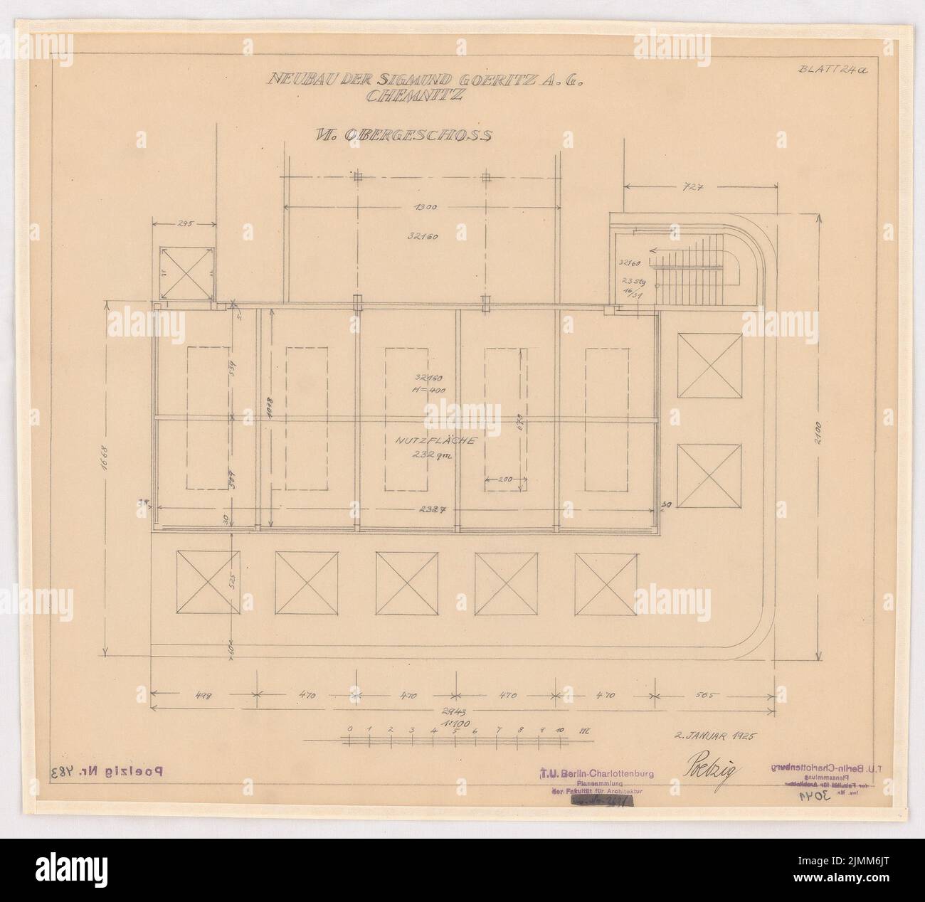 Poelzig Hans (1869-1936), usine Sigmund Goeritz AG, Chemnitz (02.01.1925) : projet du 2,1.1925, plan d'étage 6th étage 1: 100. Crayon sur transparent, 39,4 x 43,5 cm (y compris les bords de numérisation) Banque D'Images