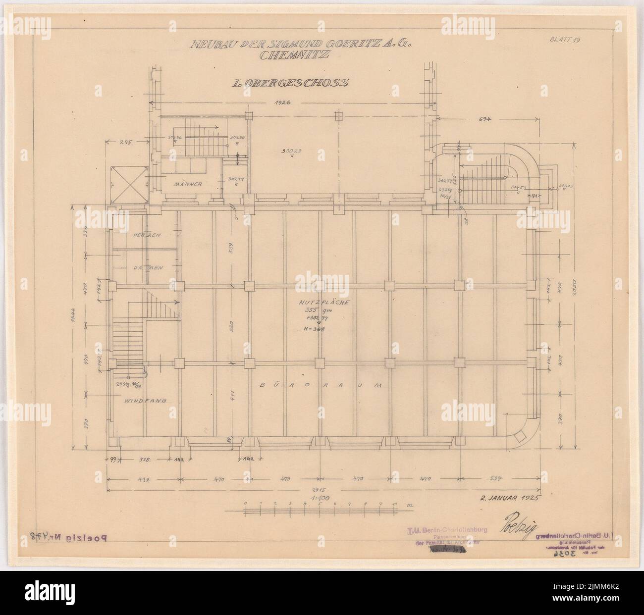 Poelzig Hans (1869-1936), usine Sigmund Goeritz AG, Chemnitz (02.01.1925) : projet du 2,1.1925, plan d'étage 1 : 100. Crayon sur transparent, 38,3 x 43,2 cm (y compris les bords de numérisation) Banque D'Images