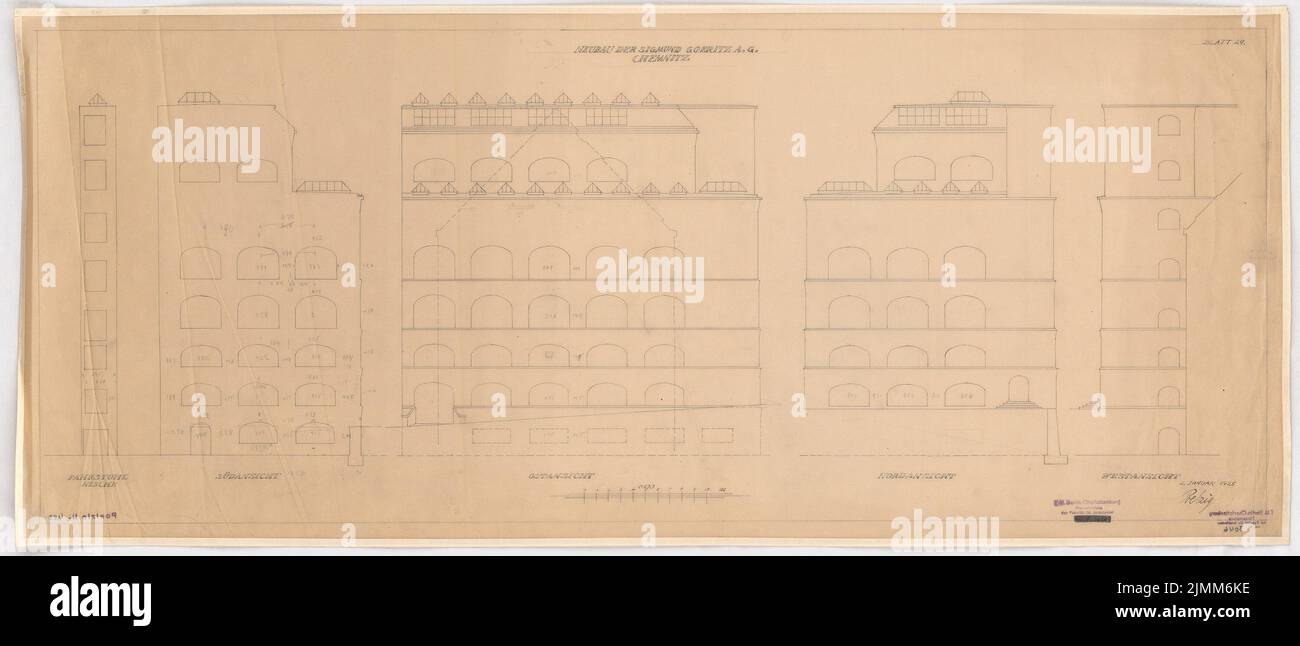 Poelzig Hans (1869-1936), Sigmund Goeritz AG, Chemnitz (02.01.1925) : projet du 2,1.1925, vue sud, vue est, vue nord, vue ouest, ascenseur 1: 100. Crayon sur transparent, 45,2 x 105,5 cm (y compris les bords de numérisation) Banque D'Images