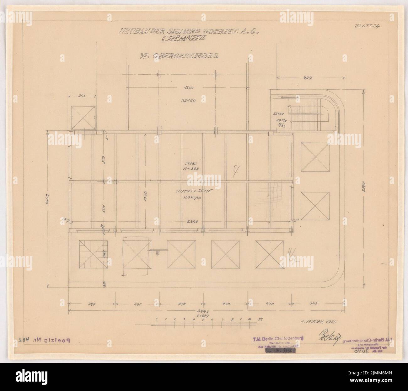 Poelzig Hans (1869-1936), usine Sigmund Goeritz AG, Chemnitz (02.01.1925) : projet du 2,1.1925, plan d'étage 6th étage 1: 100. Crayon sur transparent, 38,5 x 43,3 cm (y compris les bords de numérisation) Banque D'Images