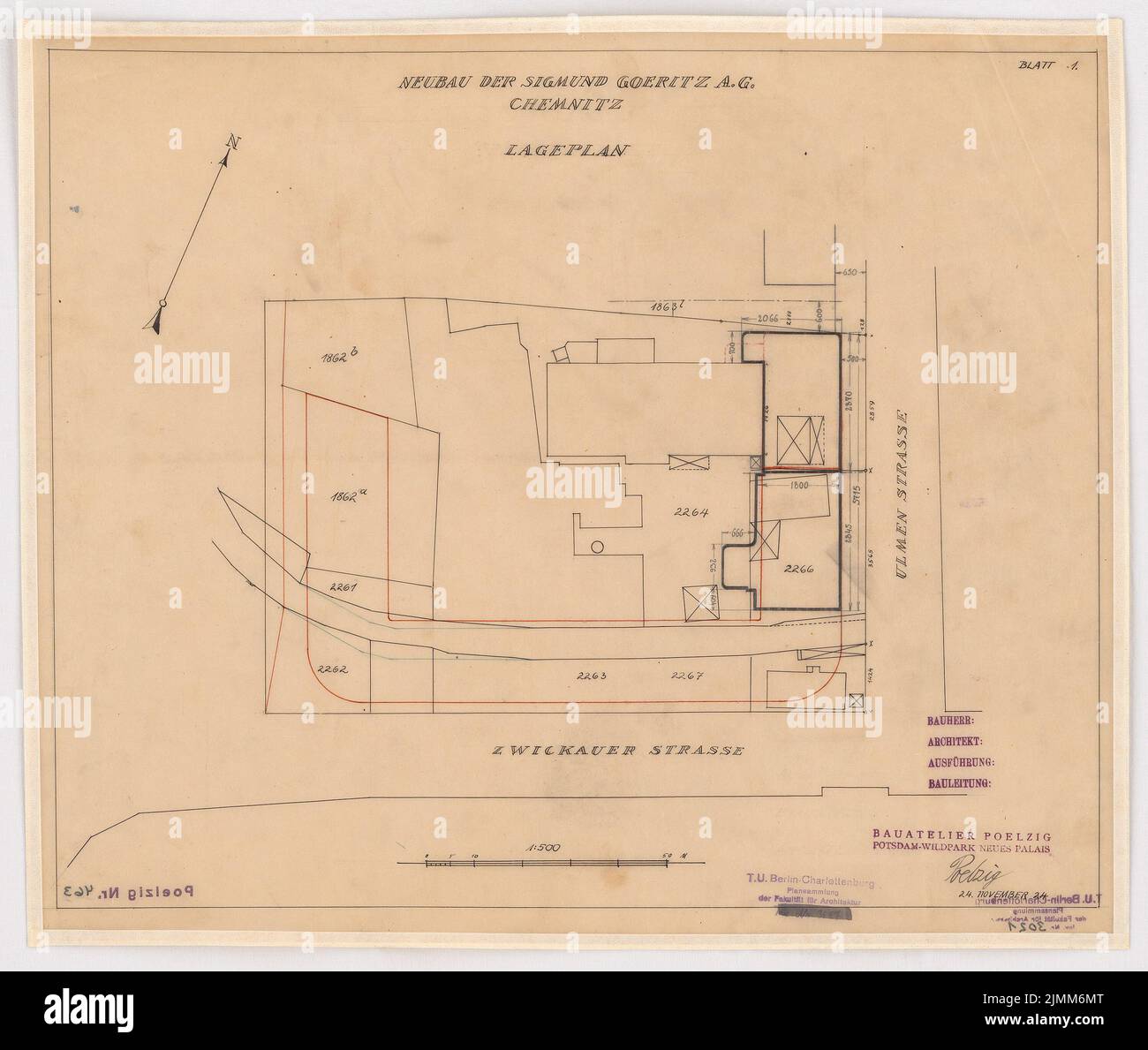 Poelzig Hans (1869-1936), Sigmund Goeritz AG, Chemnitz (24 novembre 1924) : phase de construction 1st nov./Dez. 1924, plan du site 1 : 500. Encre sur transparent, 40,2 x 47,5 cm (y compris les bords de numérisation) Banque D'Images